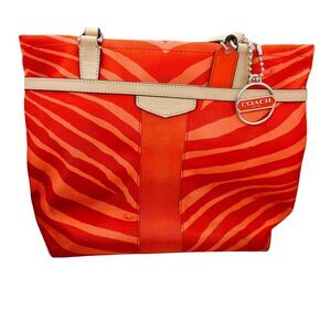 Coach Womens F23283 Orange Tan Canvas Zebra Print Leather Trim Tote Handbag